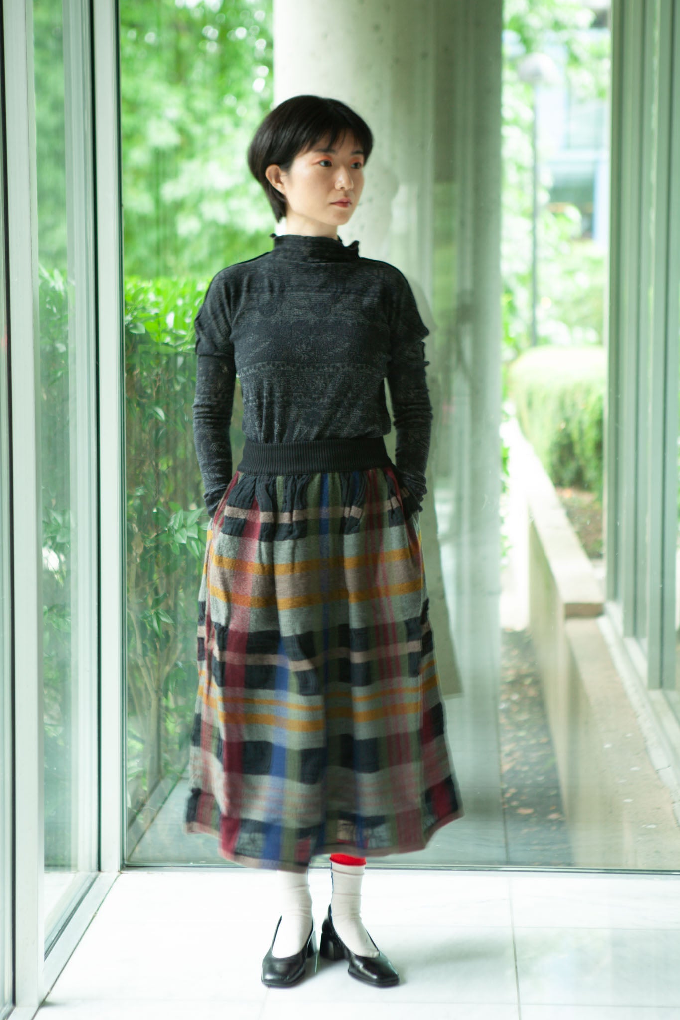 M. & Kyoko Checkered Woven Skirt - Black