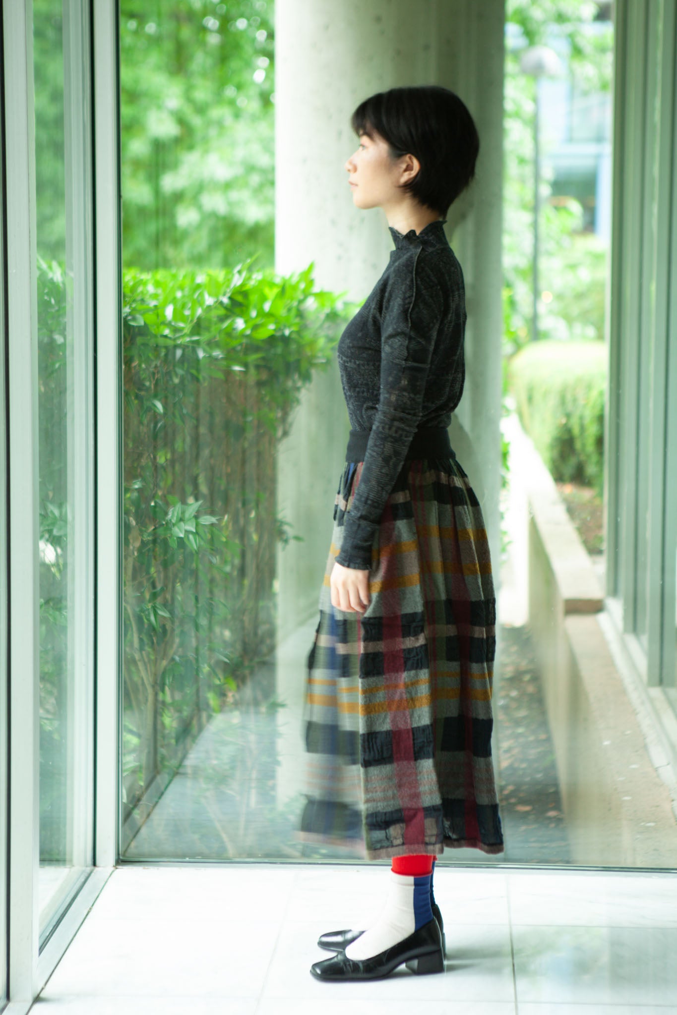 M. & Kyoko Checkered Woven Skirt - Black