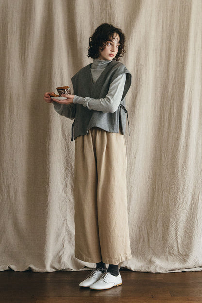 Fog Linen Work Roze Side Ribbon Wool Vest - Grey Check