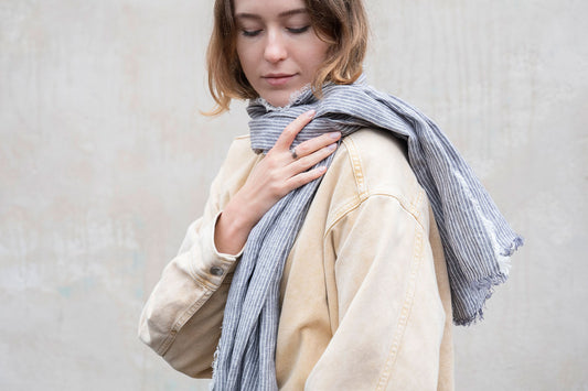 Fog Linen Work Tuz Fringe Linen Scarf - Grey White Stripes