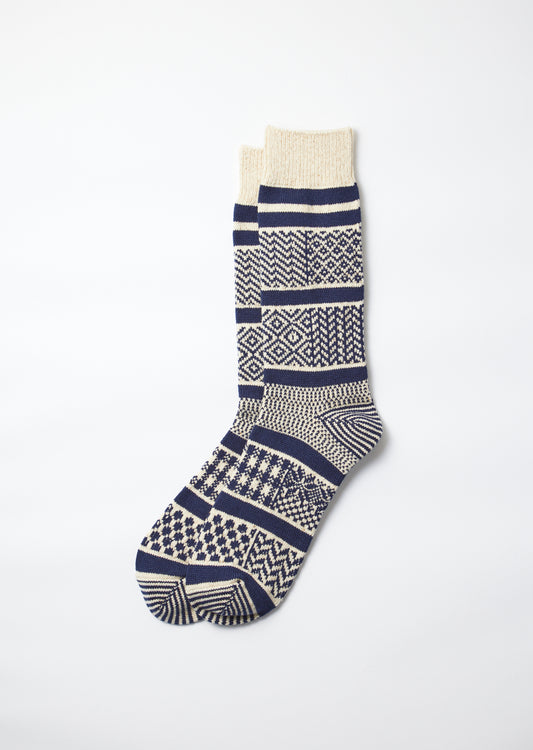 ROTOTO MULTI JACQUARD CREW SOCKS (Ivory/Navy)