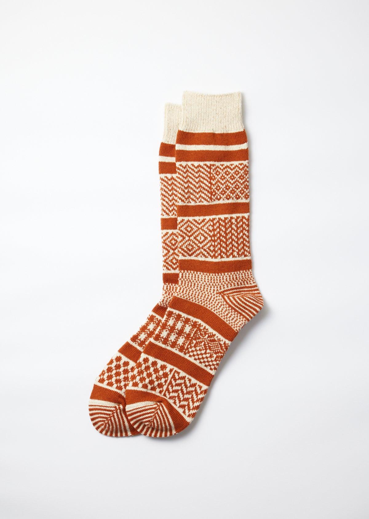 ROTOTO MULTI JACQUARD CREW SOCKS (Ivory/Rust)