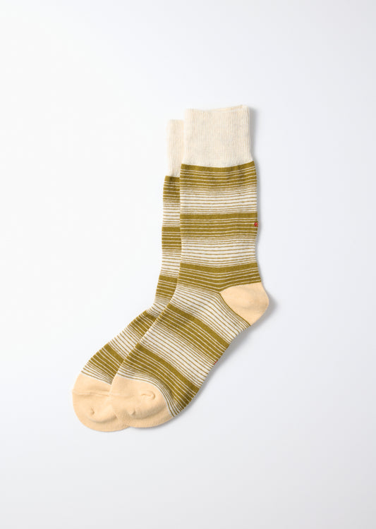 Rototo Horizontal Stripe Crew Socks - Light Olive