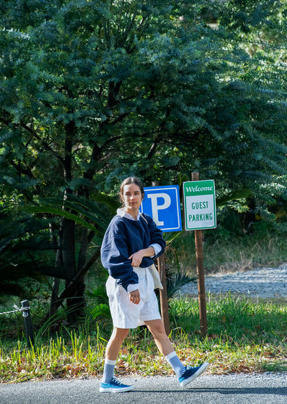 Rototo Vertical Stripe Socks - White/Royal Blue