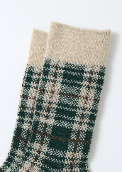 Rototo Check Pattern Socks - Beige/Green