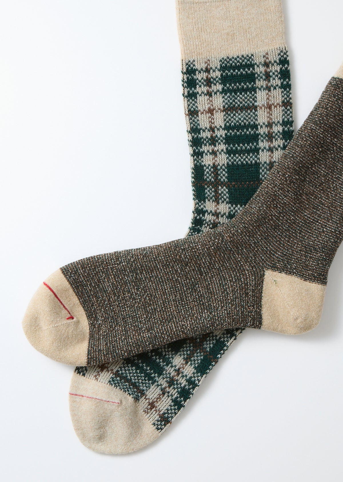 Rototo Check Pattern Socks - Beige/Green