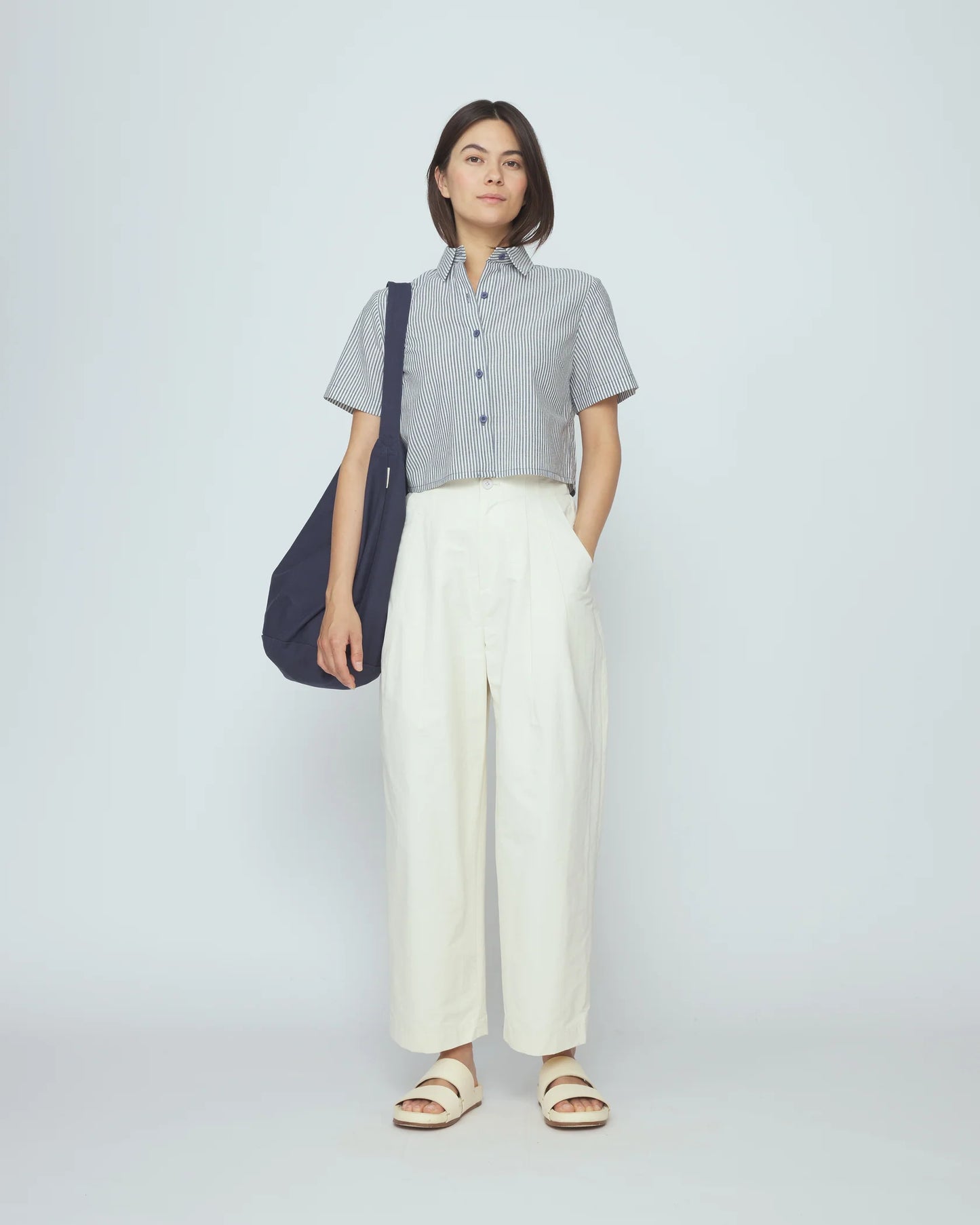 7115 by Szeki Striped Cropped Shirt - Navy Stripe
