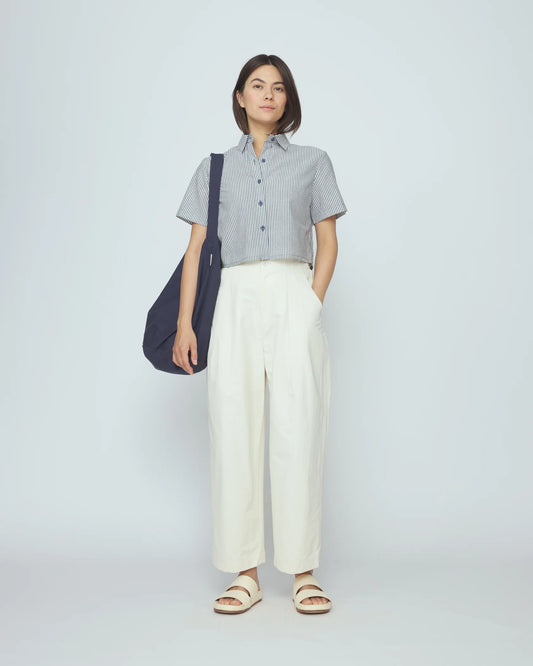 7115 by Szeki Striped Cropped Shirt - Navy Stripe