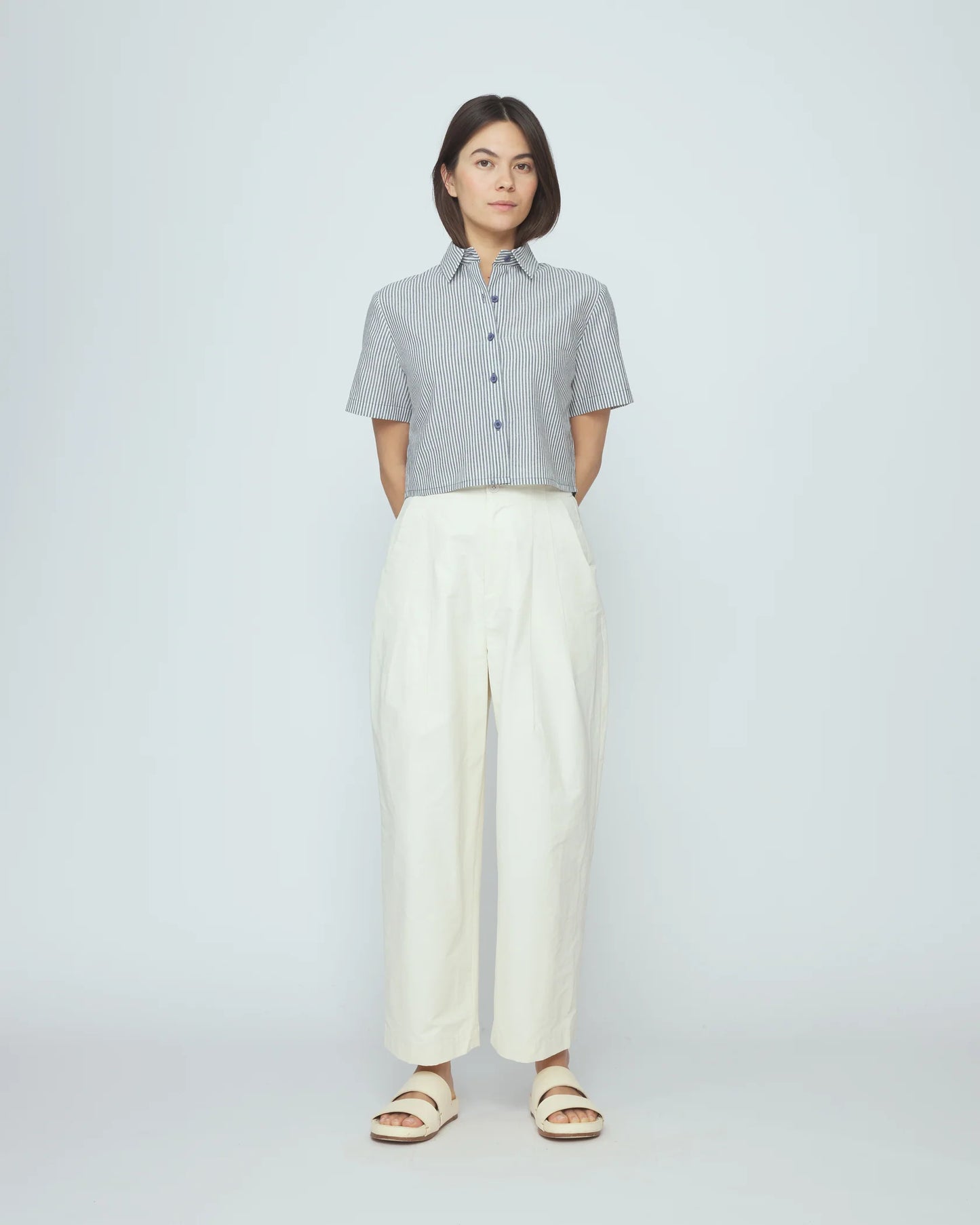 7115 by Szeki Striped Cropped Shirt - Navy Stripe
