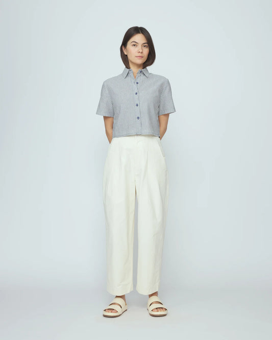 7115 by Szeki Striped Cropped Shirt - Navy Stripe