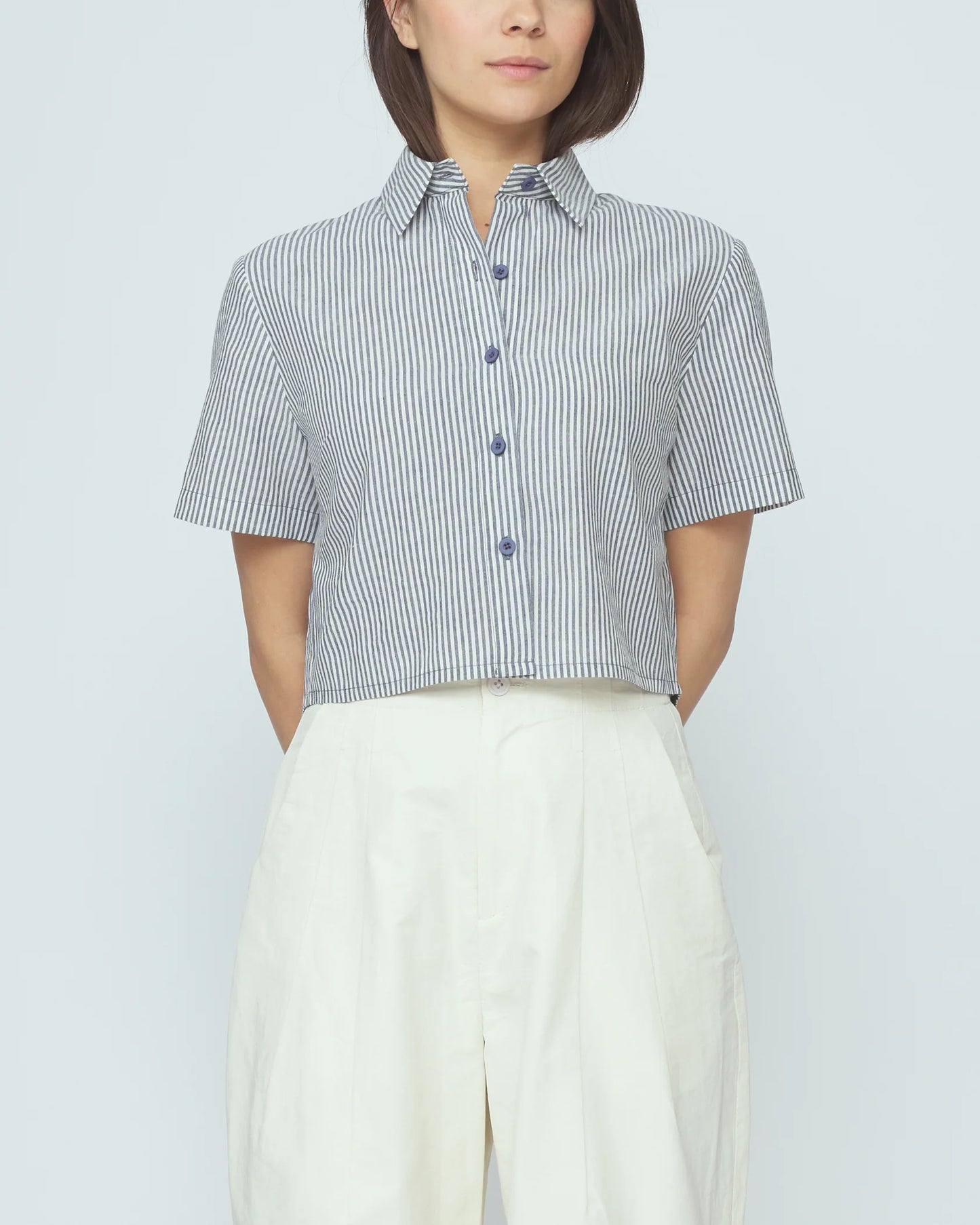 7115 by Szeki Striped Cropped Shirt - Navy Stripe