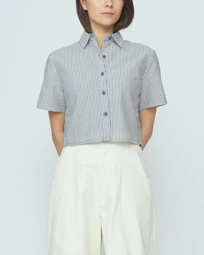 7115 by Szeki Striped Cropped Shirt - Navy Stripe