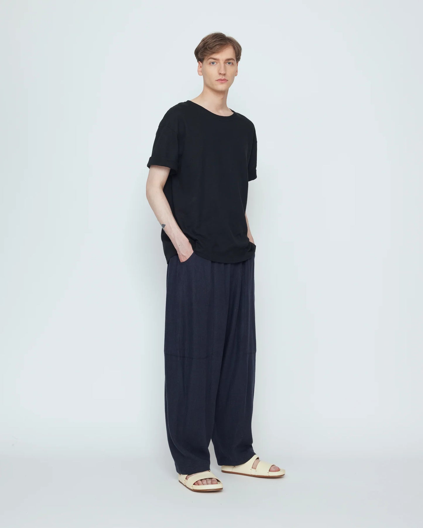 7115 by Szeki Unisex Elastic Panel Barrel Trousers - Navy Black
