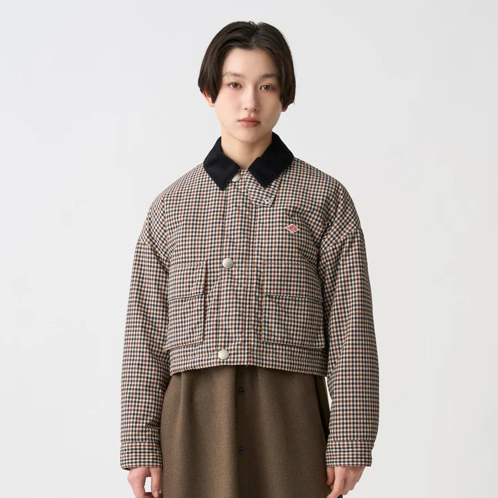 Danton Women's Nylon Tussah Short Jacket Plaid - Beige×Brown Houndstooth