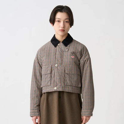Danton Women's Nylon Tussah Short Jacket Plaid - Beige×Brown Houndstooth