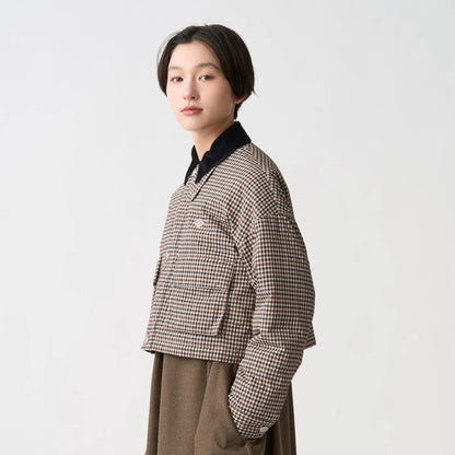 Danton Women's Nylon Tussah Short Jacket Plaid - Beige×Brown Houndstooth