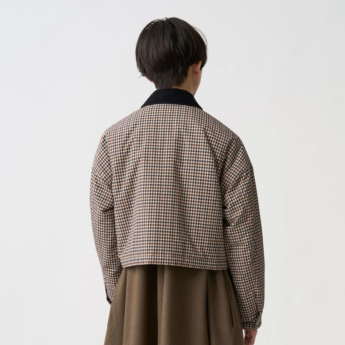 Danton Women's Nylon Tussah Short Jacket Plaid - Beige×Brown Houndstooth