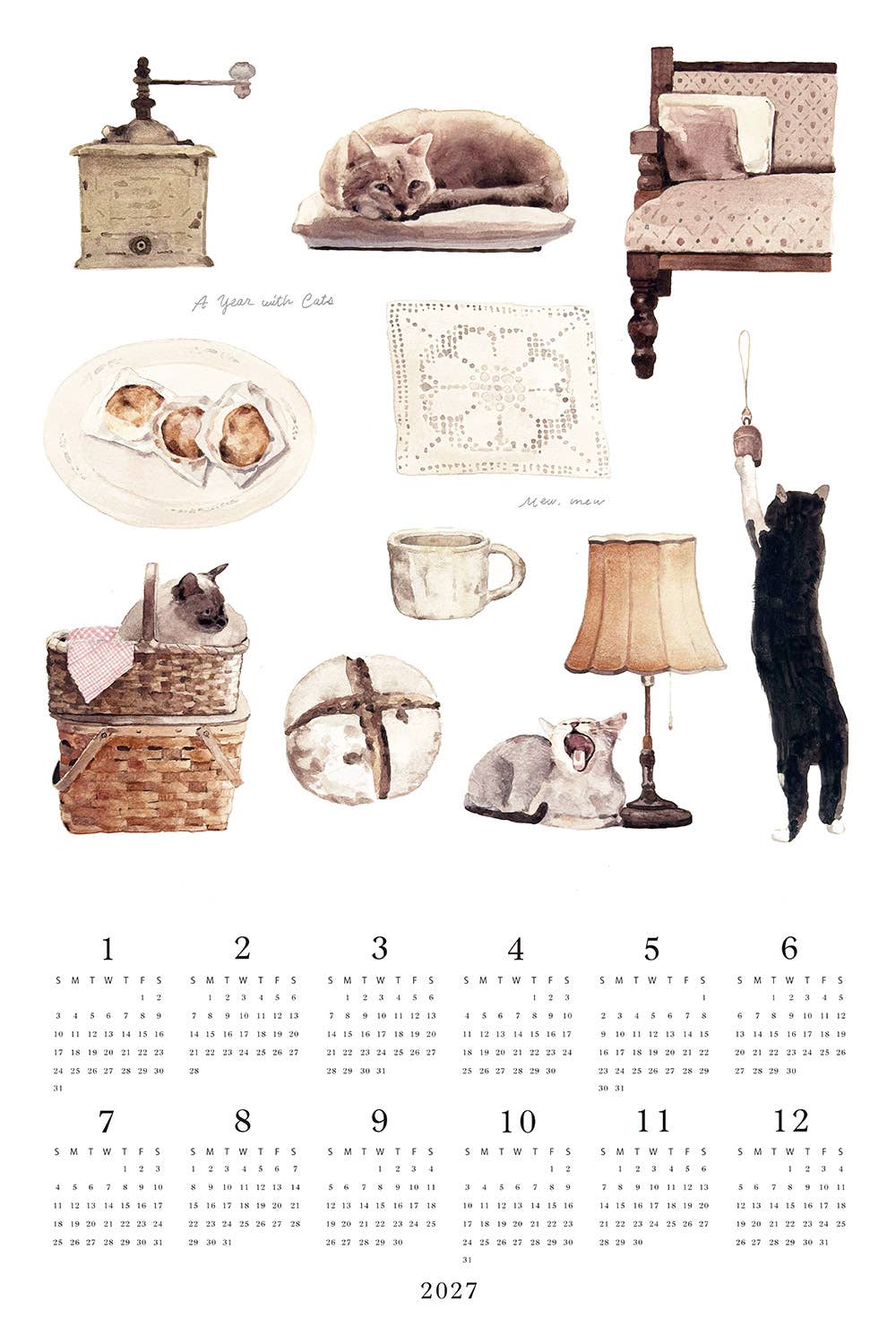 [Pre-order: Shipping Sep./Oct.]2027 Linen Calendar With Cats