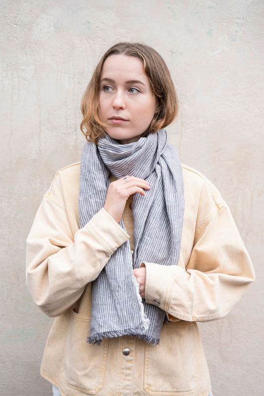 Fog Linen Work Tuz Fringe Linen Scarf - Grey White Stripes