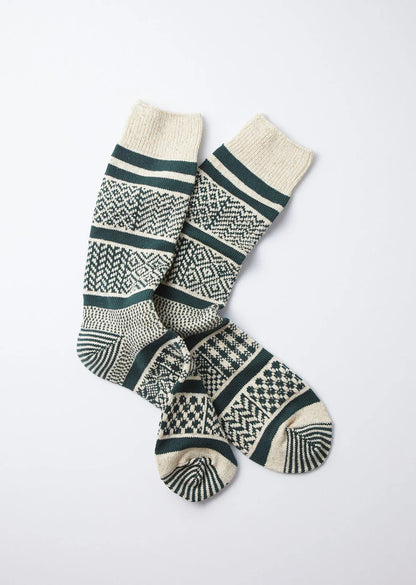 Rototo Multi Jacquard Crew Socks - Ivory/Green