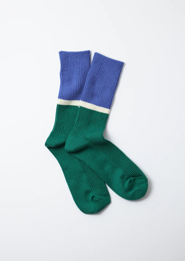 Rototo Bicolor Ribbed Crew Socks (Blue/Green)