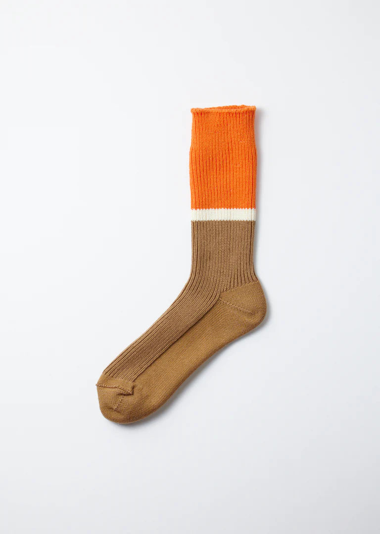 Rototo Bicolor Ribbed Crew Socks (Orange/Light Brown)