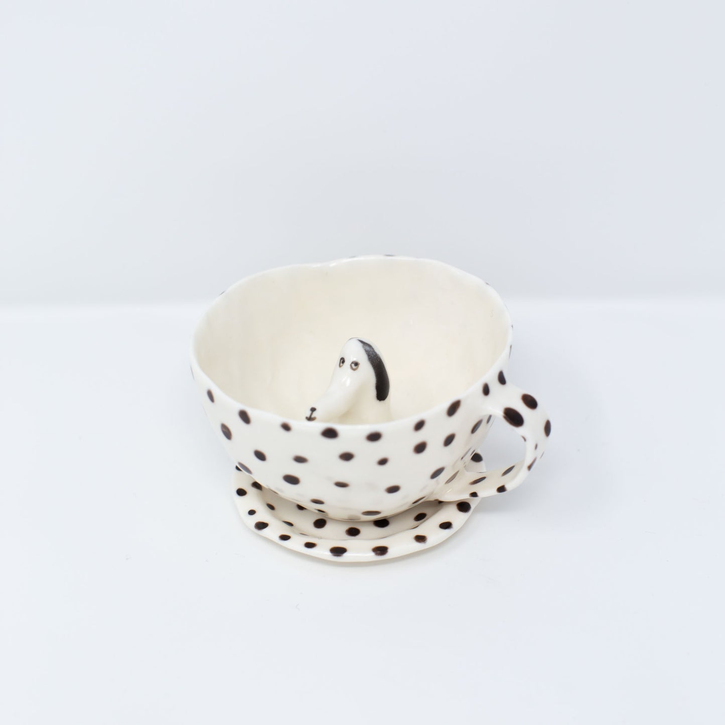 Black Polka Dot Dog Cup with Saucer by Eleonor Bostrom