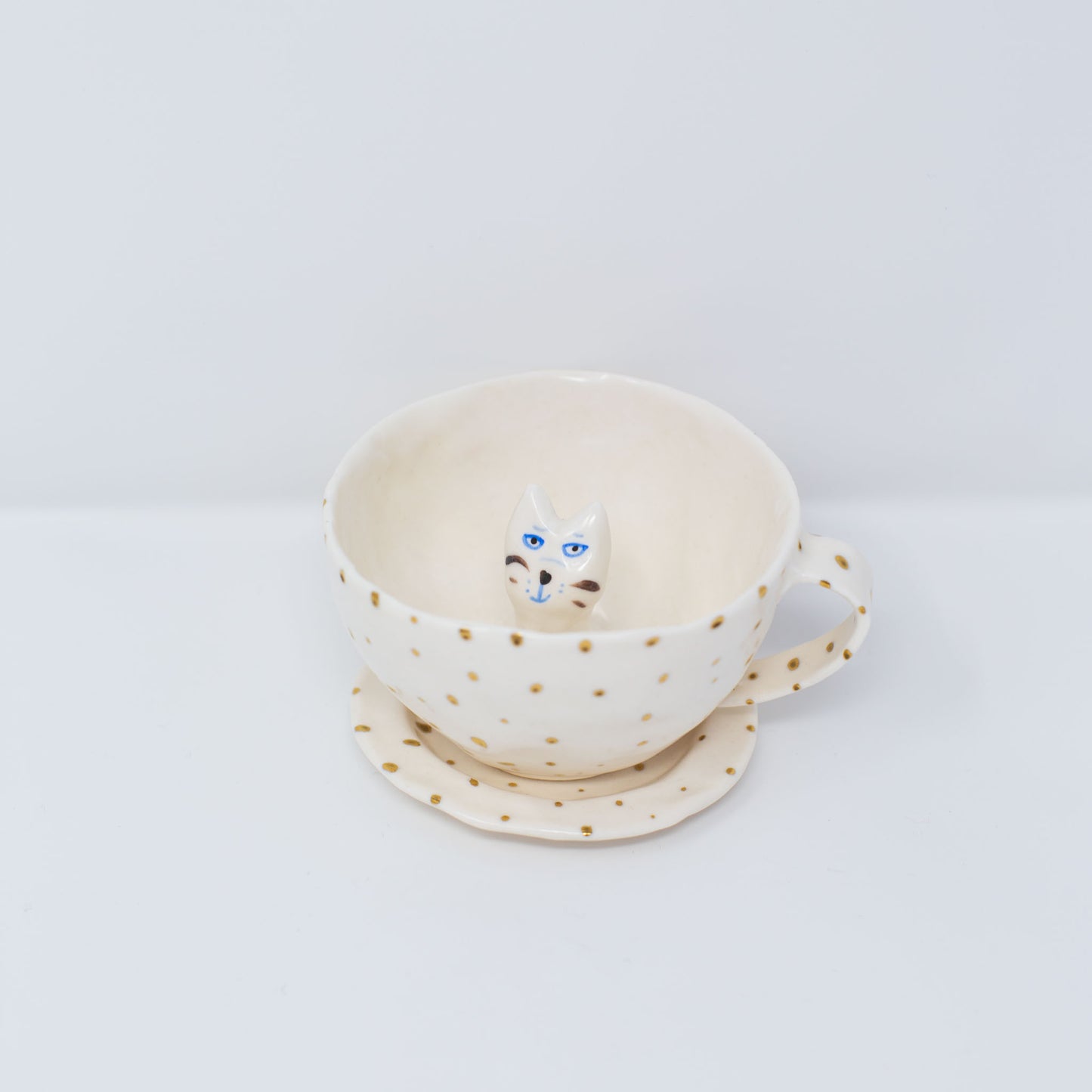 (20% off) Gold Polka Cat Cup with Saucer by Eleonor Bostrom
