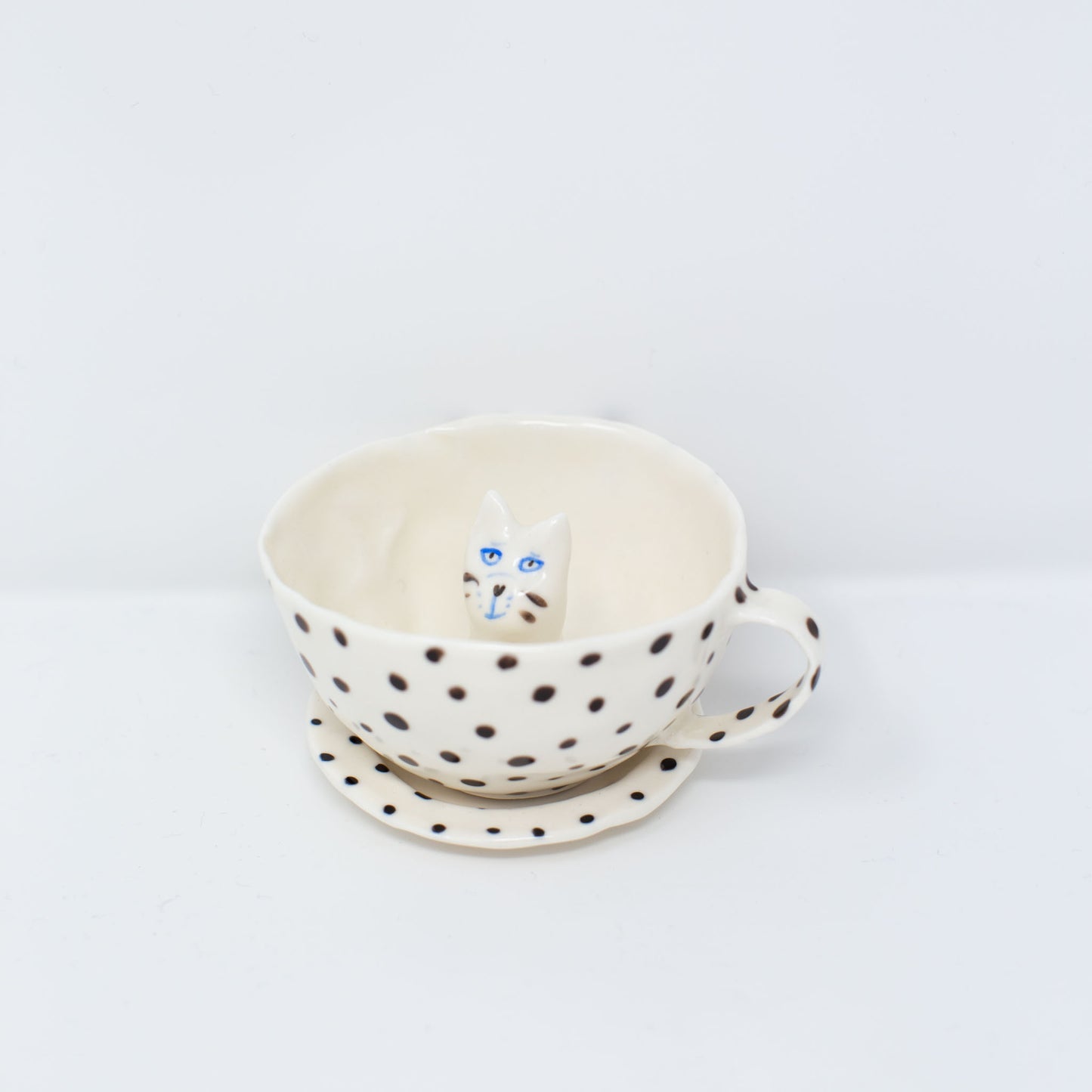 (20% off) Black Polka Dot Cat Cup with Saucer by Eleonor Bostrom