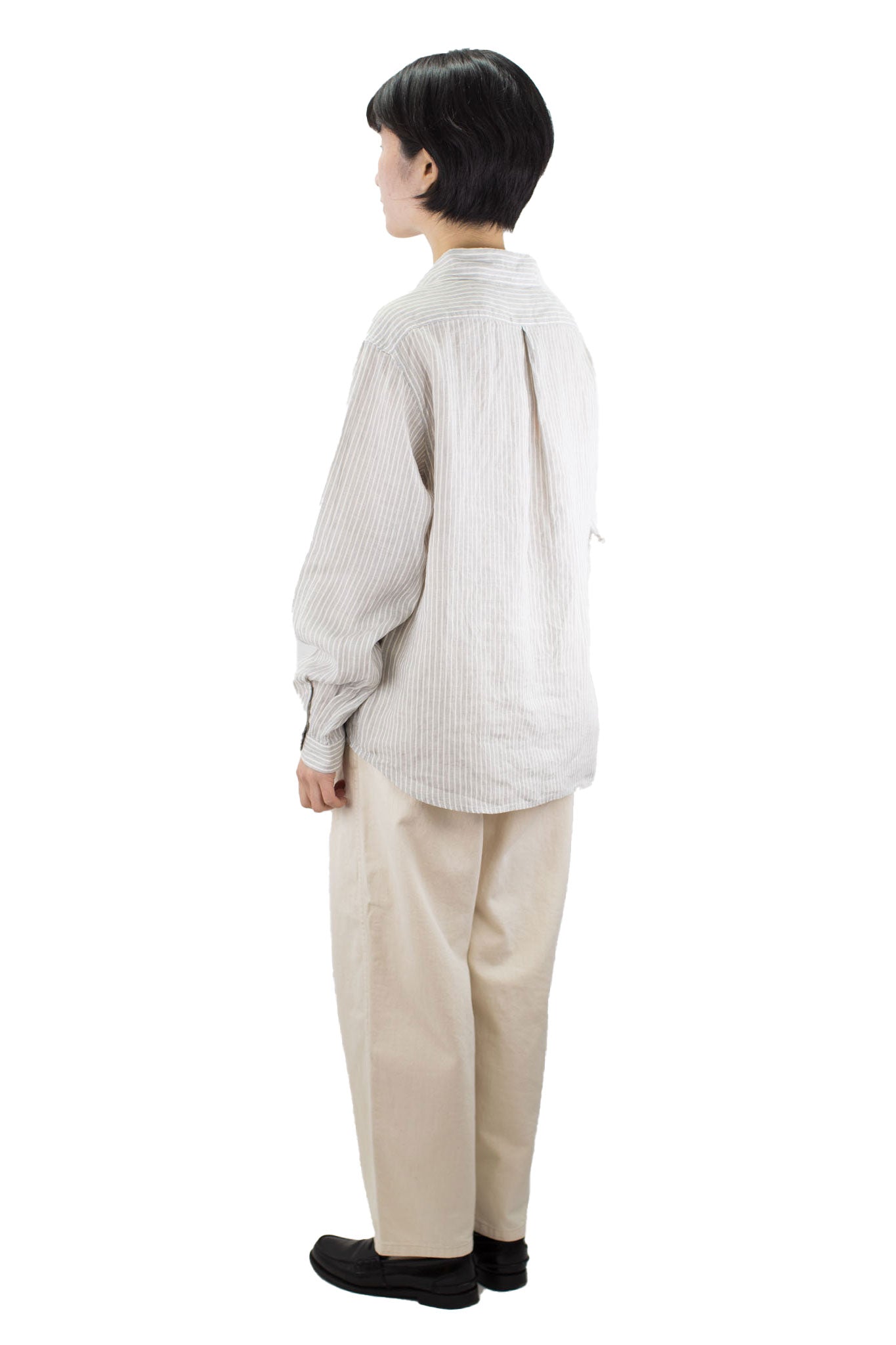 Danton Woman's Linen Round Collar Long Sleeve Shirt - Ecru with Grey Stripe